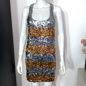 DIABLESS France silver gold sequin halter bodycon party NYE dress S
